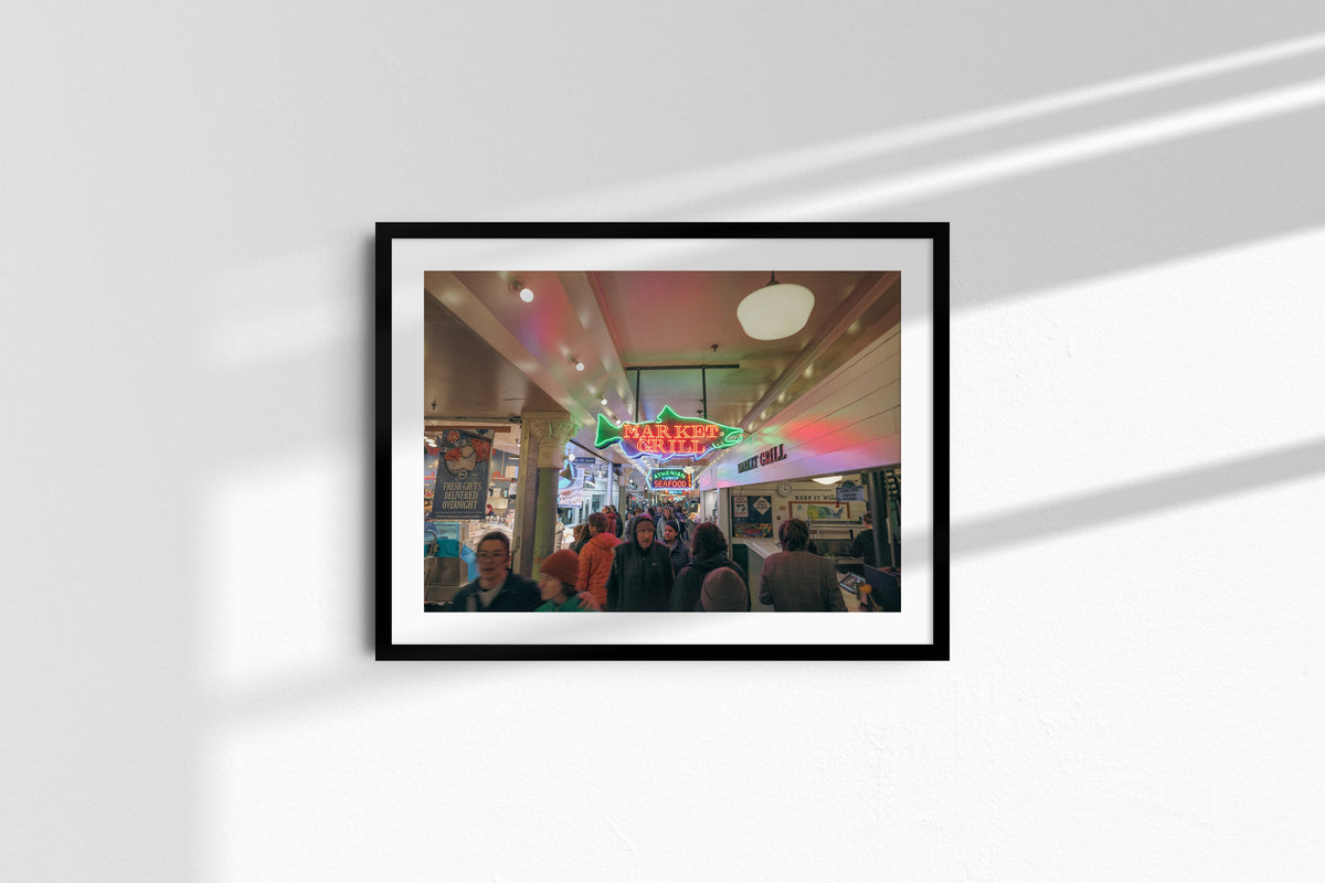 Inside Pike Place Market, black frame with mat
