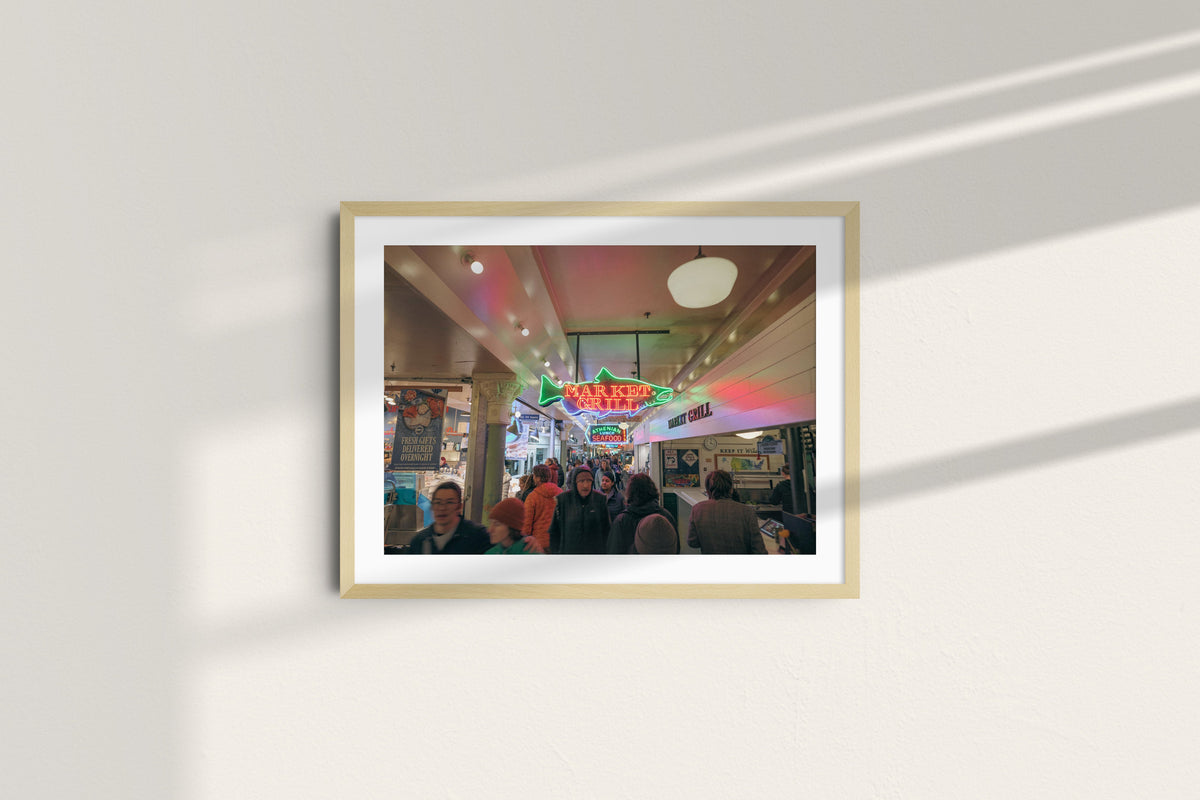 Inside Pike Place Market, natural frame with mat