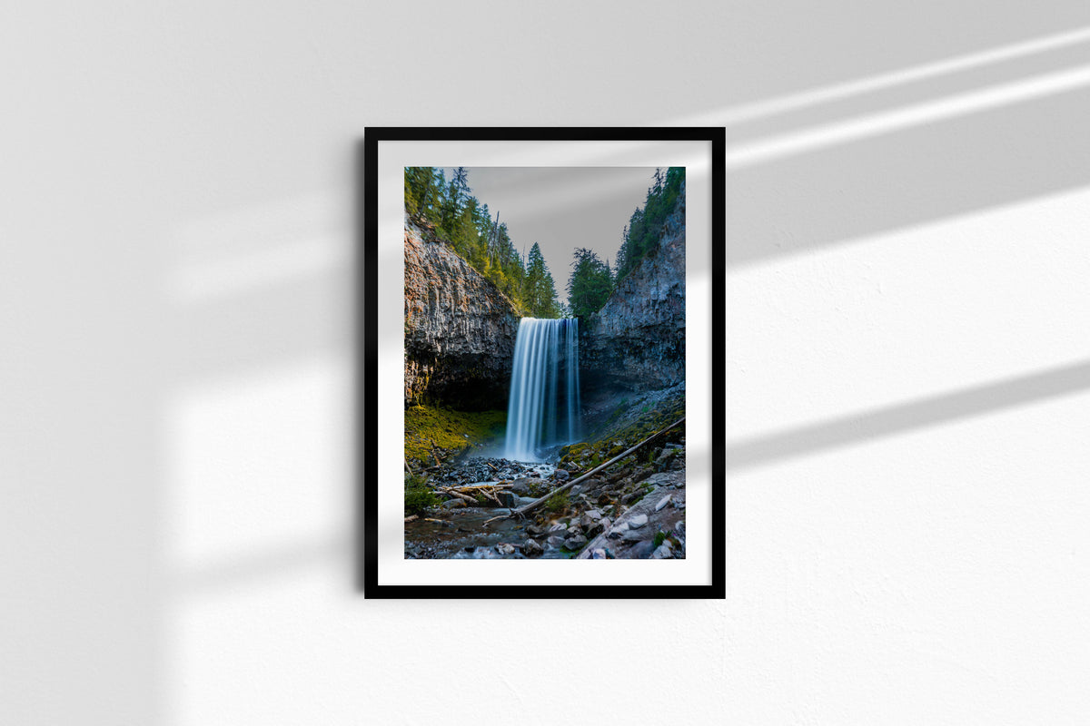 Waterfall in the woods - Portrait, black frame with mat