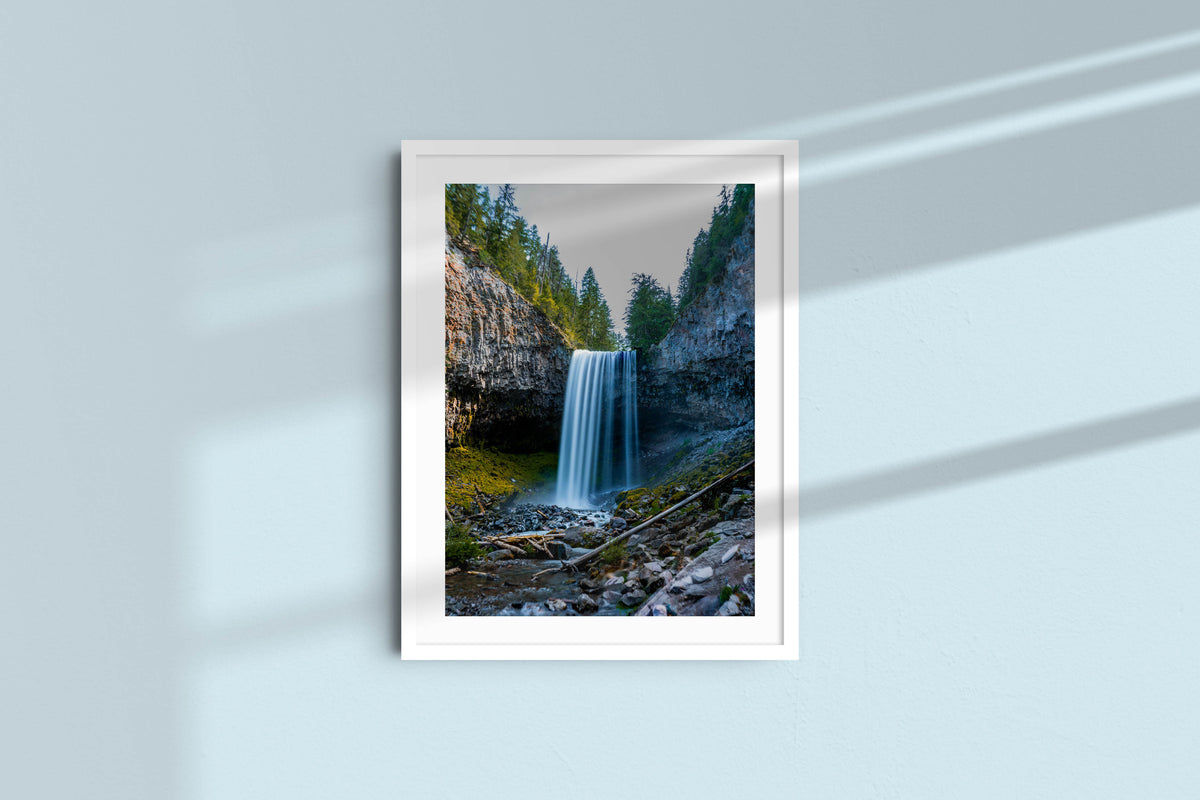 Waterfall in the woods - Portrait, white frame with mat